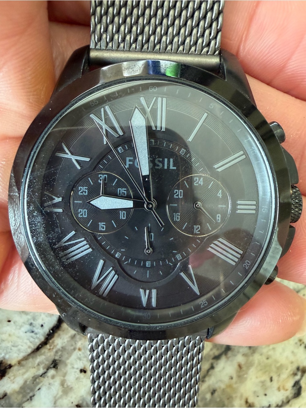 Men’s Fossil Grant watch. Black Stainless Steel Mesh band Chronograph Watch